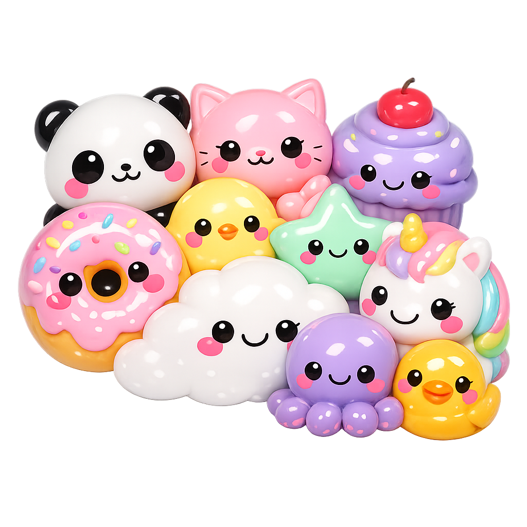 A happy cluster of colorful J&N squishy toys